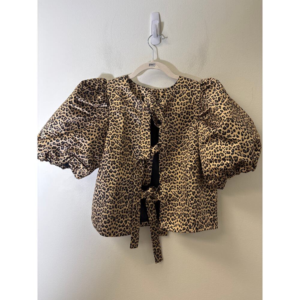 English Factory Leopard-Print Puff Sleeve Top with Black Ribbon Ties